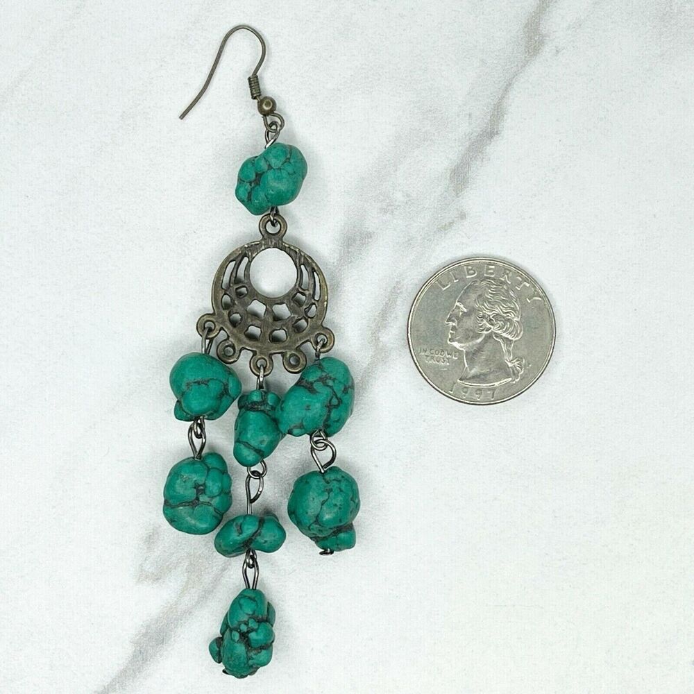 Faux Turquoise Beaded Chandelier Chunky Earrings Pierced Pair - Picture 4 of 5